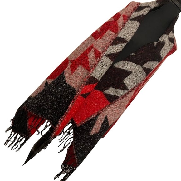 Express Accessories - Express Red‎ and Dark Blue Geometric Patterned Shawl w Fringe